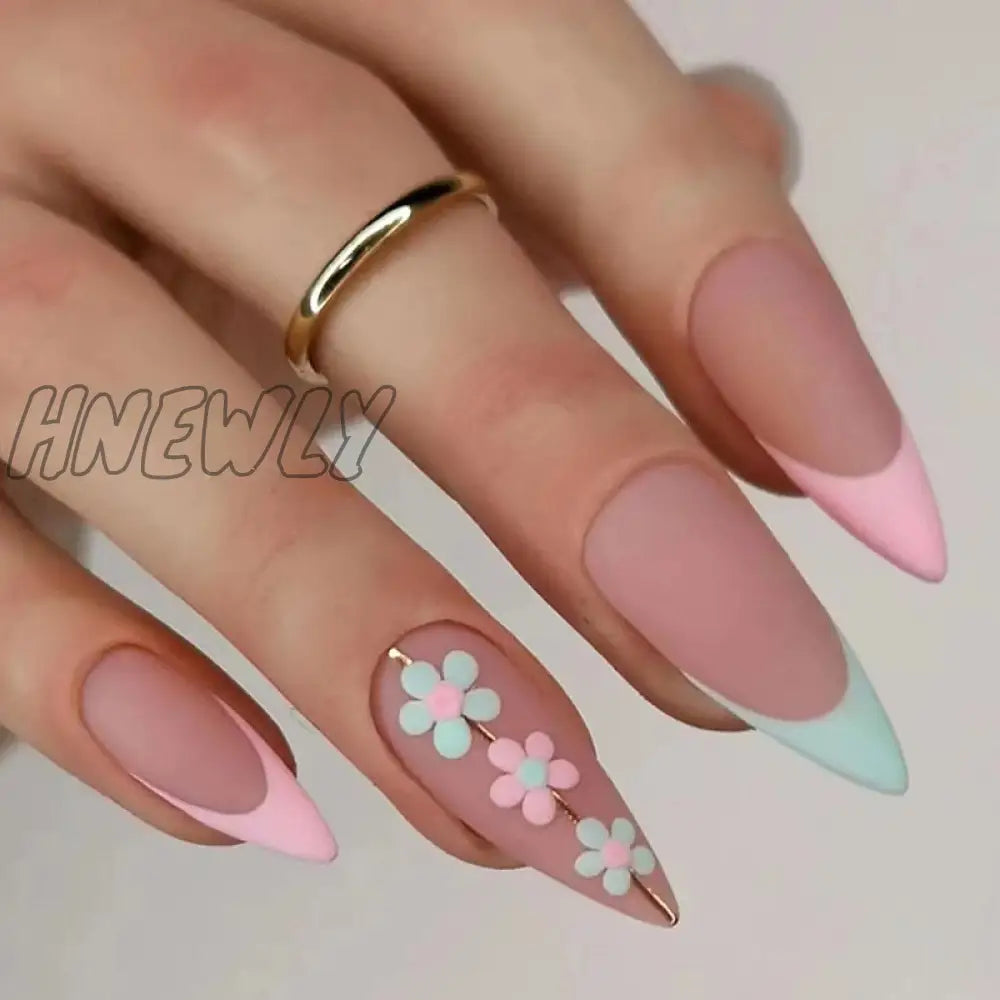 24Pcs False Nails With Glue Almond Pink Butterfly Design Detachable Rhinestones Acrylic Fake Long