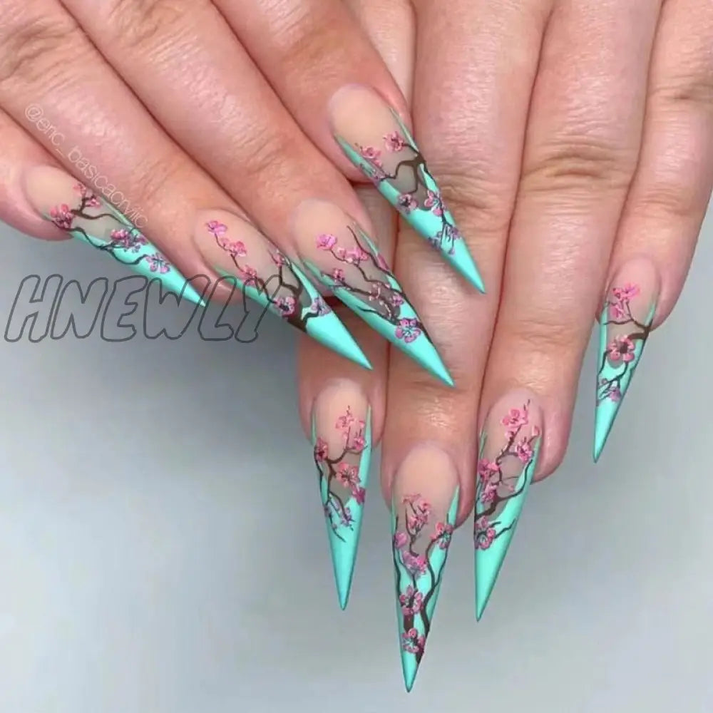 24Pcs False Nails With Glue Almond Pink Butterfly Design Detachable Rhinestones Acrylic Fake Long