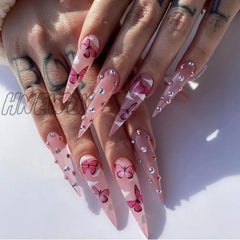 24Pcs False Nails With Glue Almond Pink Butterfly Design Detachable Rhinestones Acrylic Fake Long