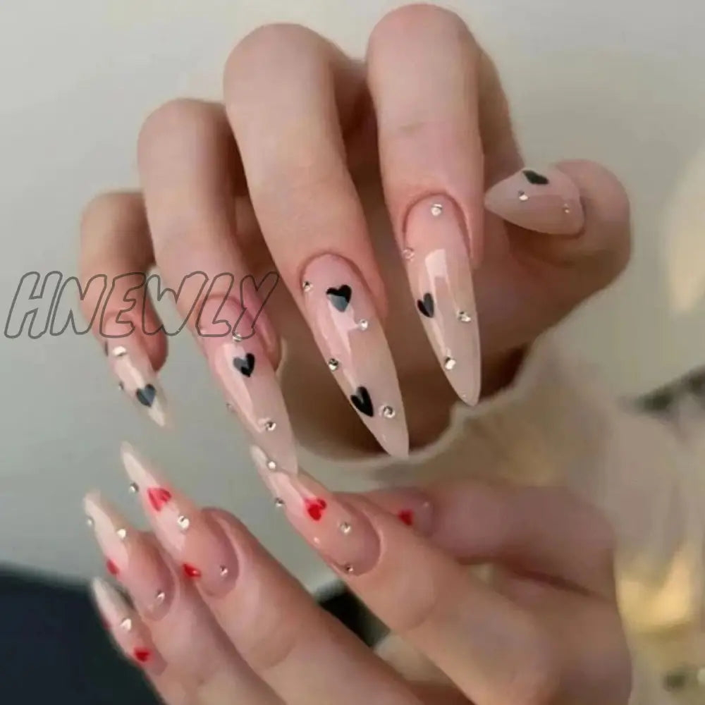 24Pcs False Nails With Glue Almond Pink Butterfly Design Detachable Rhinestones Acrylic Fake Long