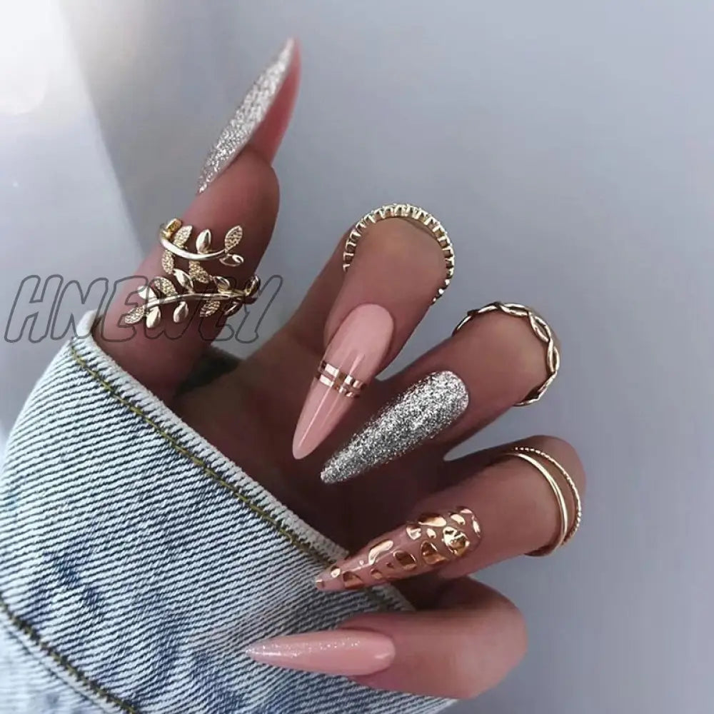 24Pcs False Nails With Glue Almond Pink Butterfly Design Detachable Rhinestones Acrylic Fake Long