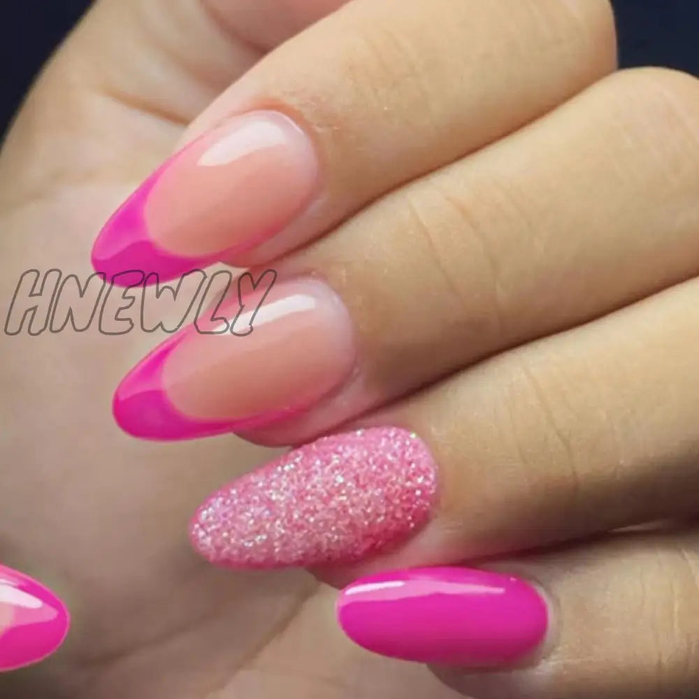 24Pcs False Nails With Glue Almond Pink Butterfly Design Detachable Rhinestones Acrylic Fake Long