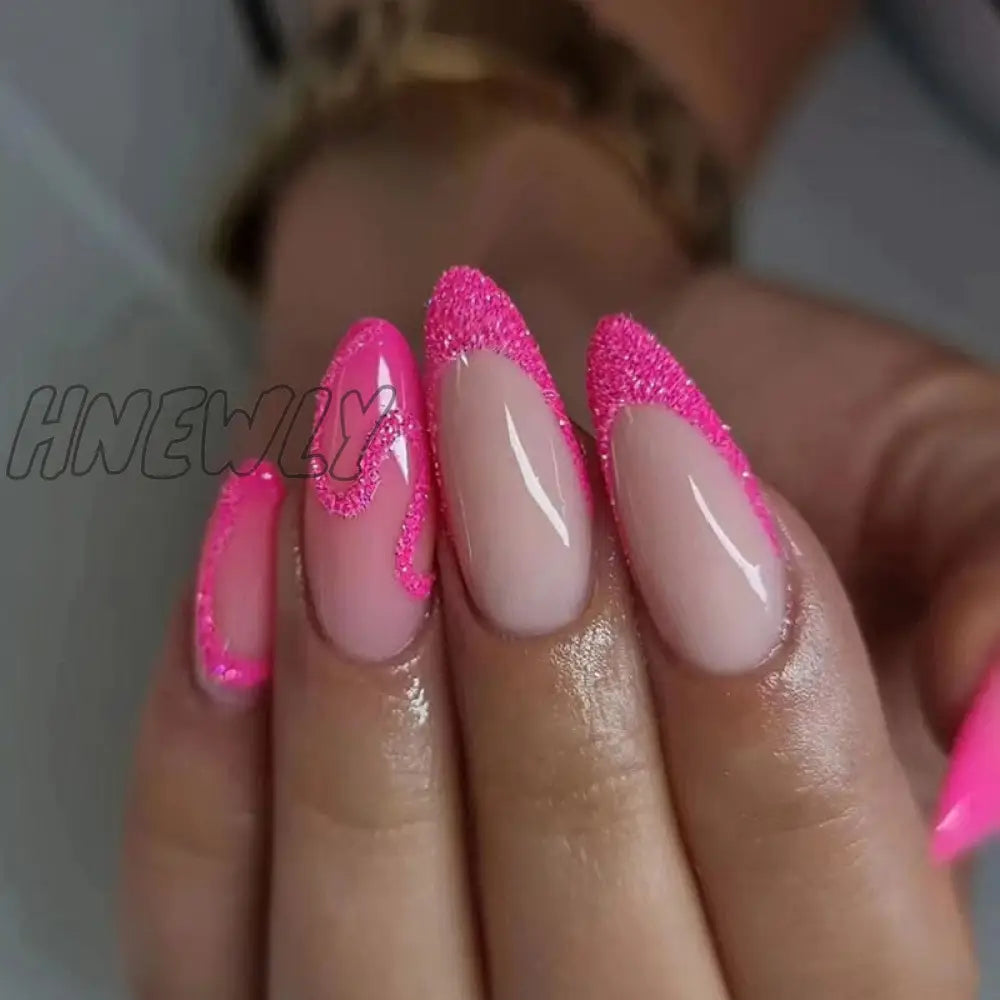 24Pcs False Nails With Glue Almond Pink Butterfly Design Detachable Rhinestones Acrylic Fake Long