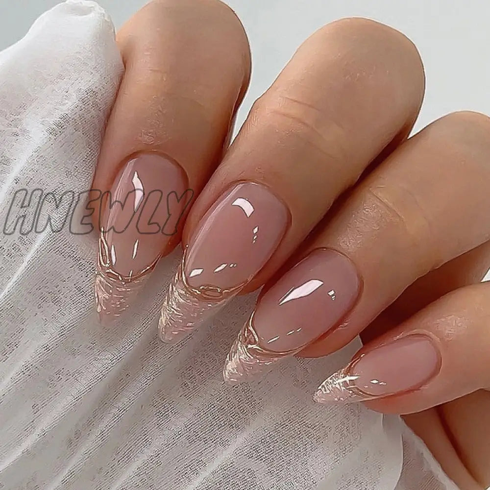 24Pcs False Nails With Glue Almond Pink Butterfly Design Detachable Rhinestones Acrylic Fake Long