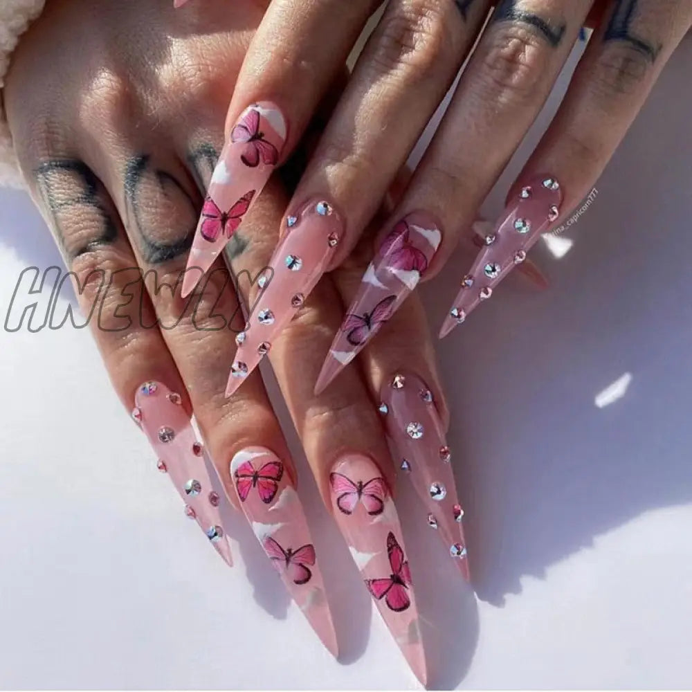 24Pcs False Nails With Glue Almond Pink Butterfly Design Detachable Rhinestones Acrylic Fake Long