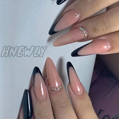 24Pcs French Almond Fake Nails With Rhinestone Wearable Stiletto Acrylic False Glue White Edge