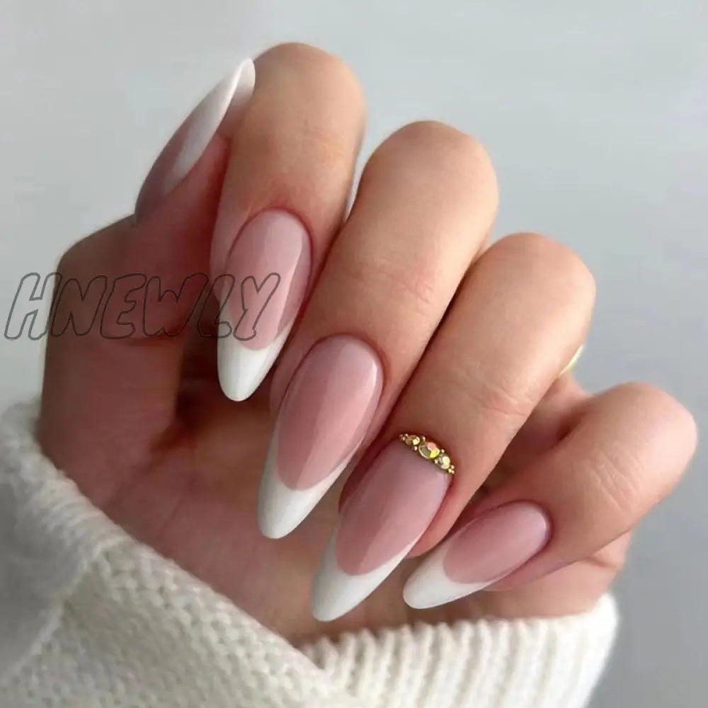 24Pcs French Almond Fake Nails With Rhinestone Wearable Stiletto Acrylic False Glue White Edge