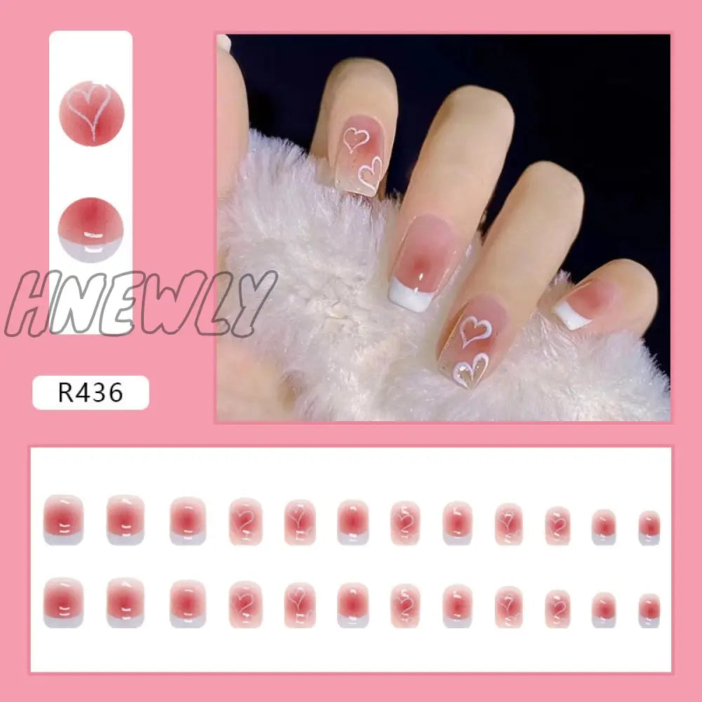 24Pcs French Fake Nails Short Art Nail Tips Press Stick On False With Designs Full Cover Artificial