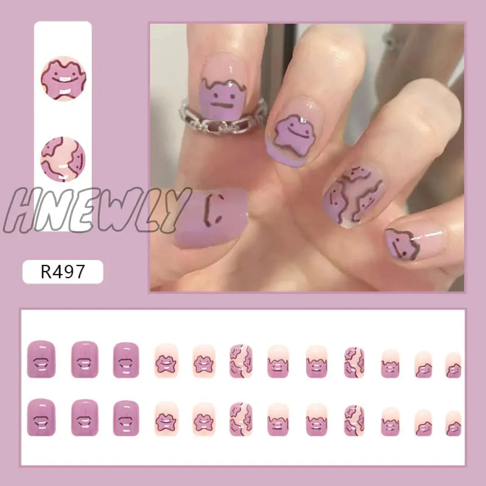 24Pcs French Fake Nails Short Art Nail Tips Press Stick On False With Designs Full Cover Artificial