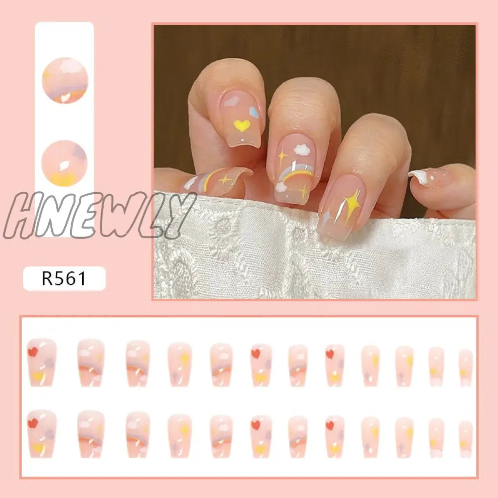 24Pcs French Fake Nails Short Art Nail Tips Press Stick On False With Designs Full Cover Artificial