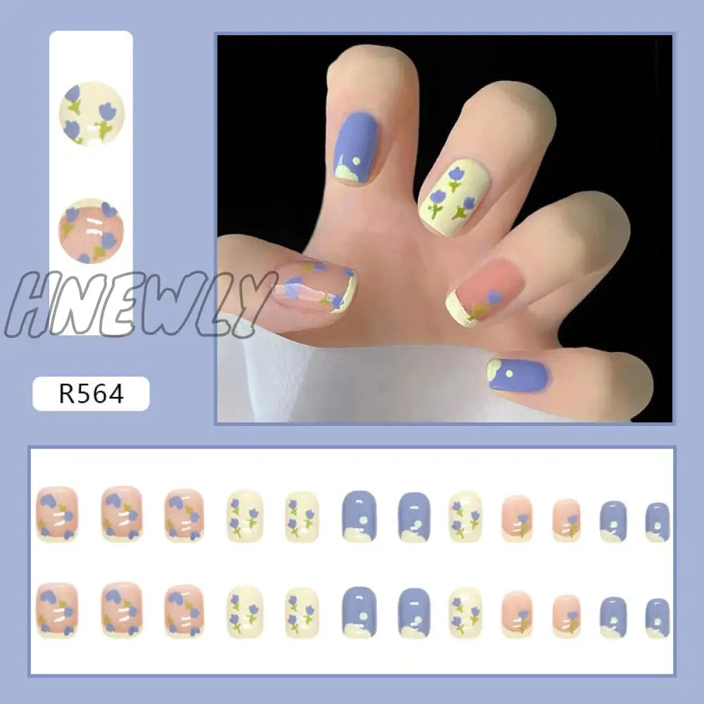 24Pcs French Fake Nails Short Art Nail Tips Press Stick On False With Designs Full Cover Artificial