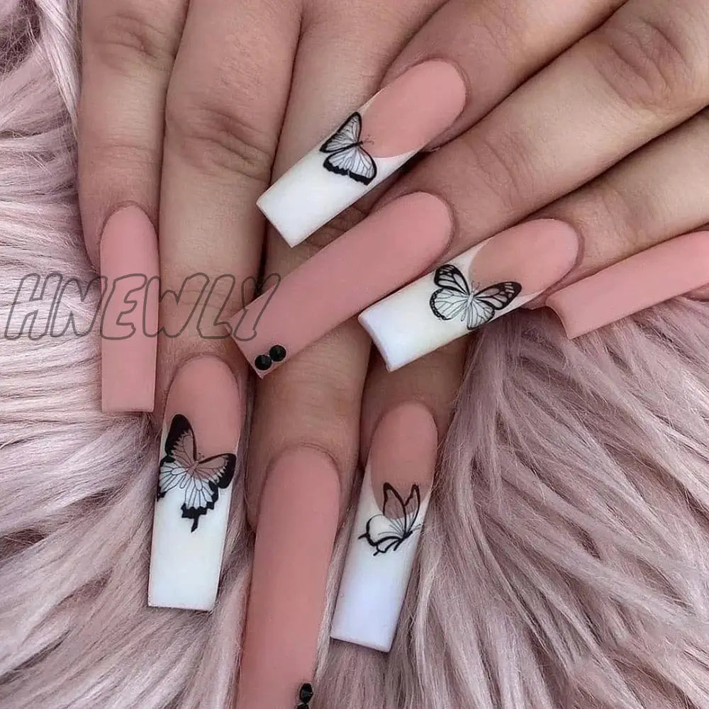 24Pcs French False Nails Wave Line Design Ballet Fake Long Wearable Coffin Press On Full Cover