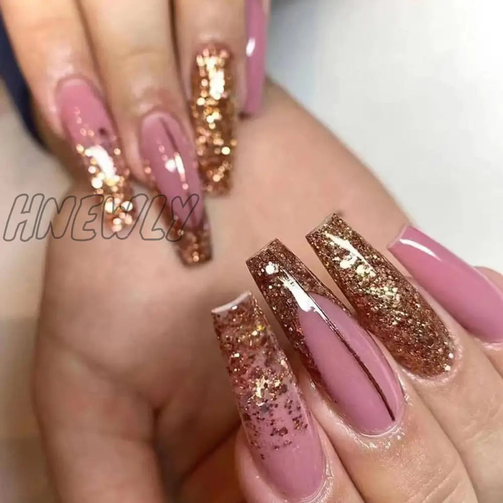 24Pcs French Long Ballet Nails Set Press On False With Pink Rhinestone Wearable Coffin Fake Full