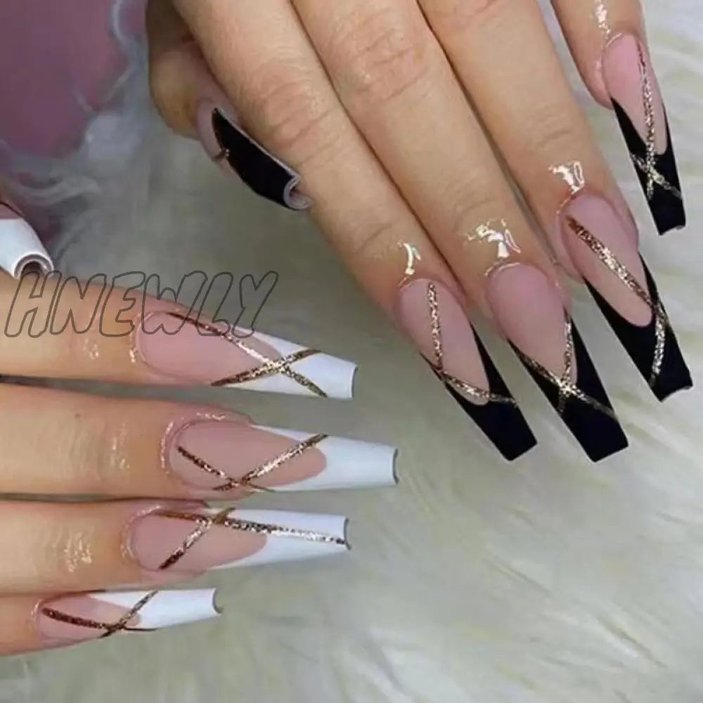 24Pcs French Long Ballet Nails Set Press On False With Pink Rhinestone Wearable Coffin Fake Full