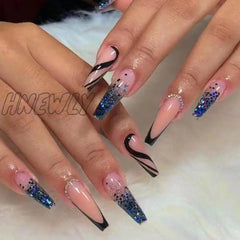 24Pcs French Long Ballet Nails Set Press On False With Pink Rhinestone Wearable Coffin Fake Full