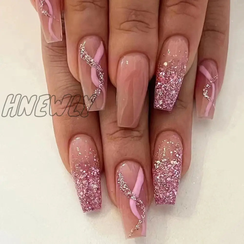 24Pcs French Long Ballet Nails Set Press On False With Pink Rhinestone Wearable Coffin Fake Full