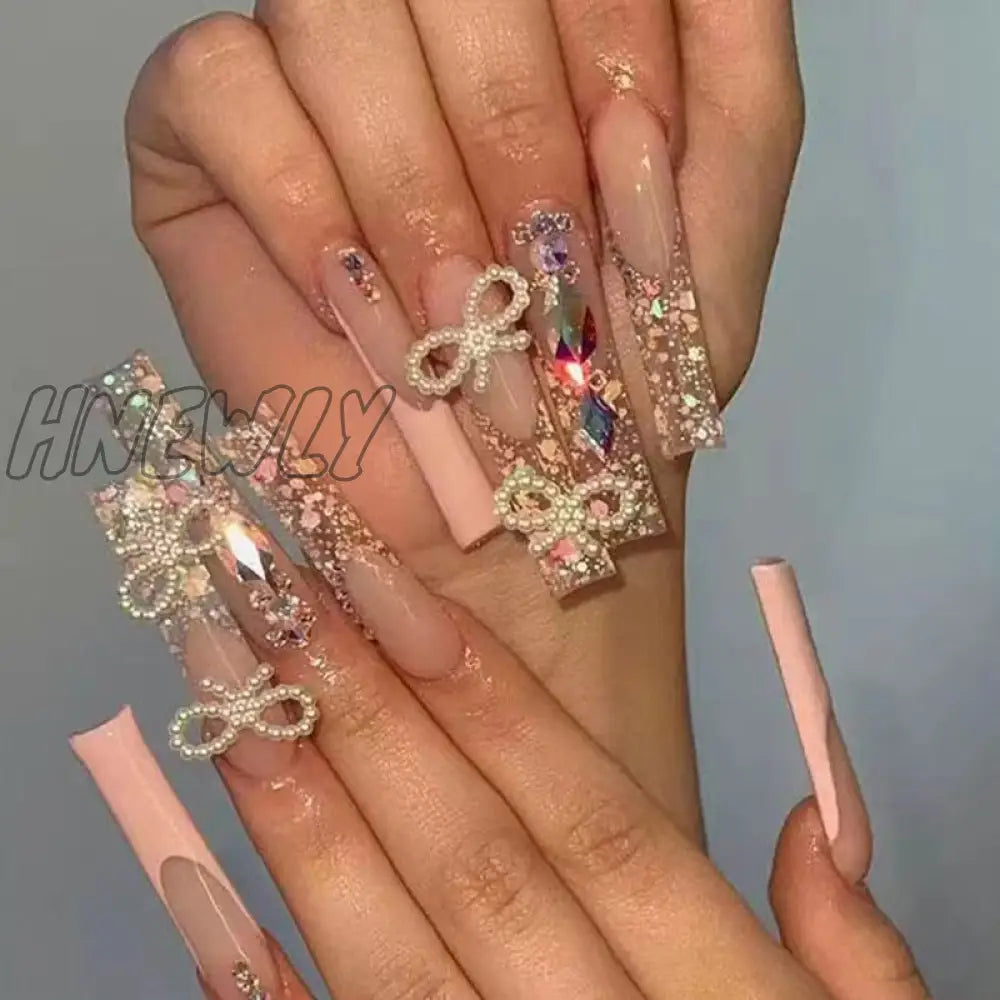 24Pcs French Long Ballet Nails Set Press On False With Pink Rhinestone Wearable Coffin Fake Full