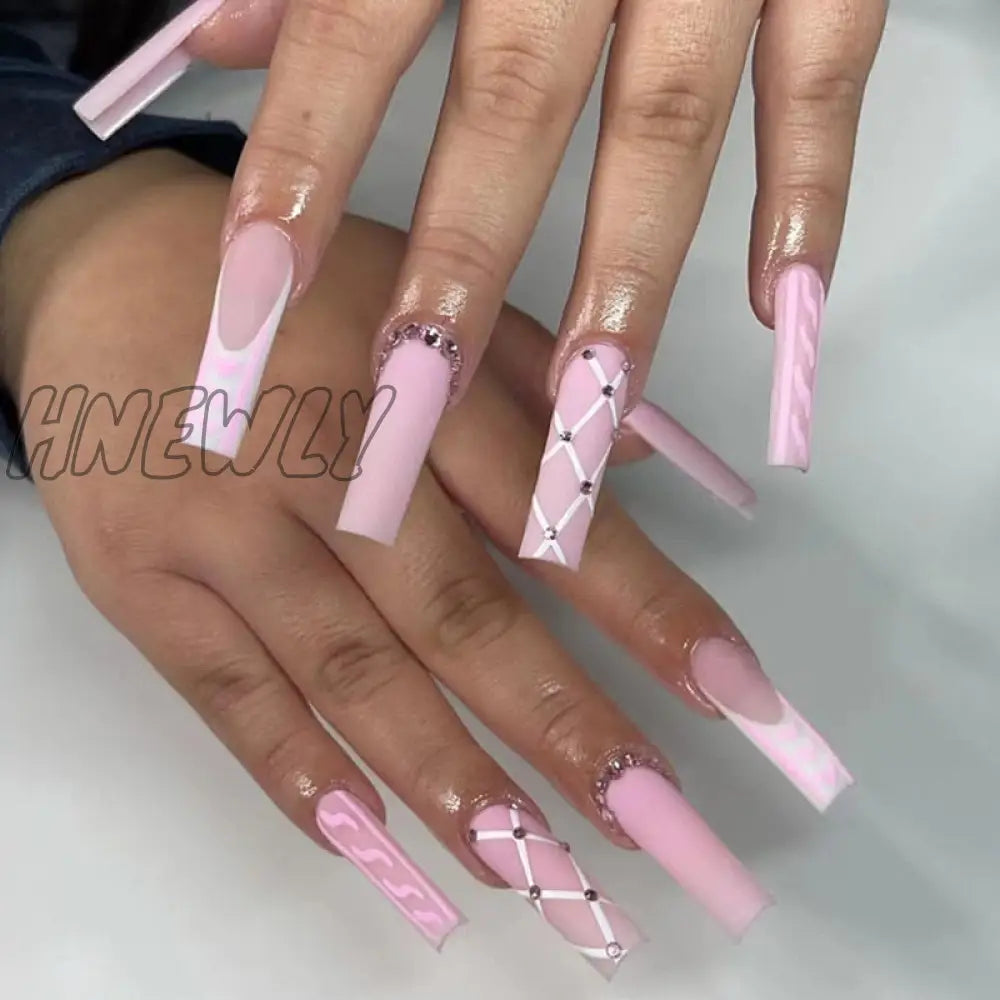 24Pcs French Long Ballet Nails Set Press On False With Pink Rhinestone Wearable Coffin Fake Full