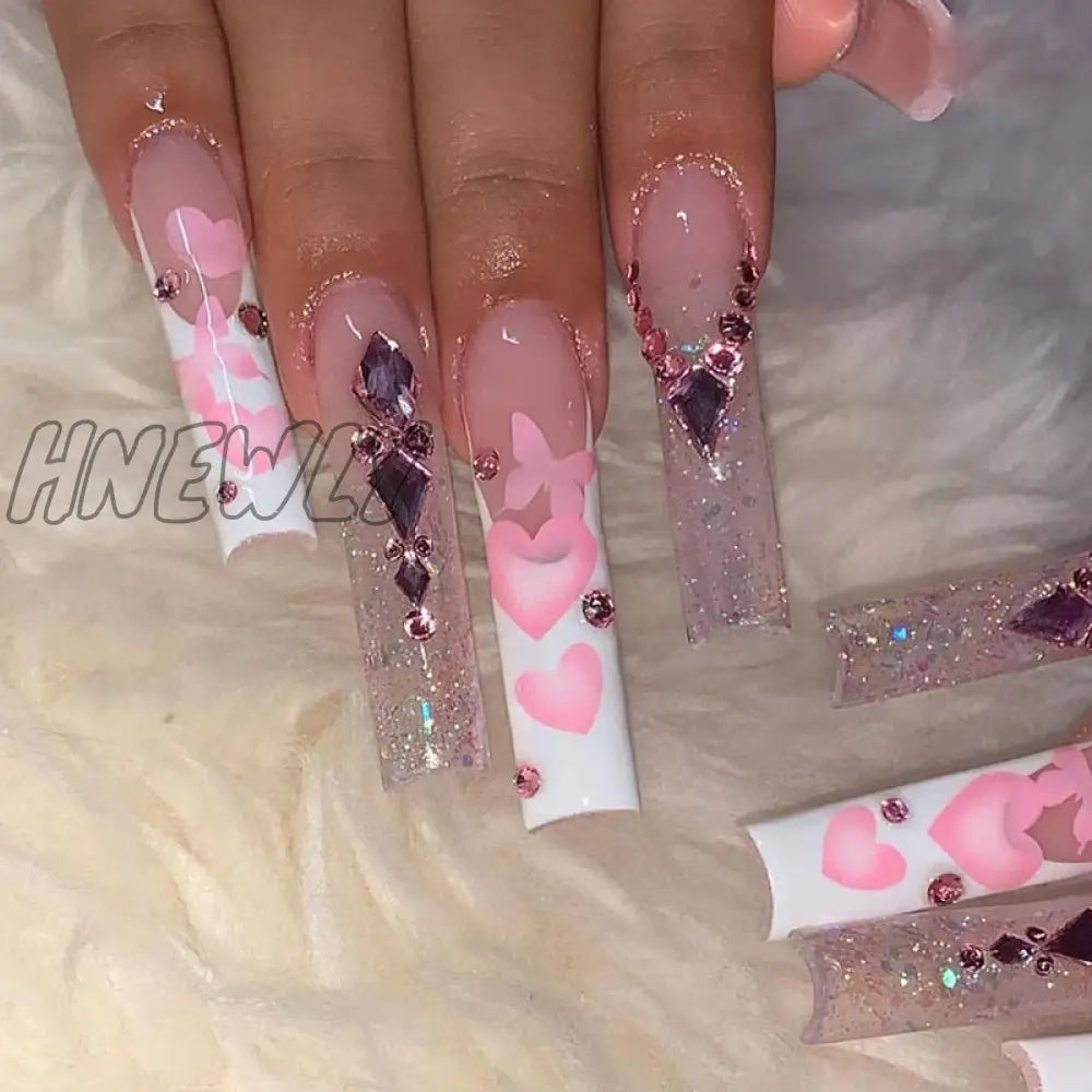 24Pcs French Long Ballet Nails Set Press On False With Pink Rhinestone Wearable Coffin Fake Full