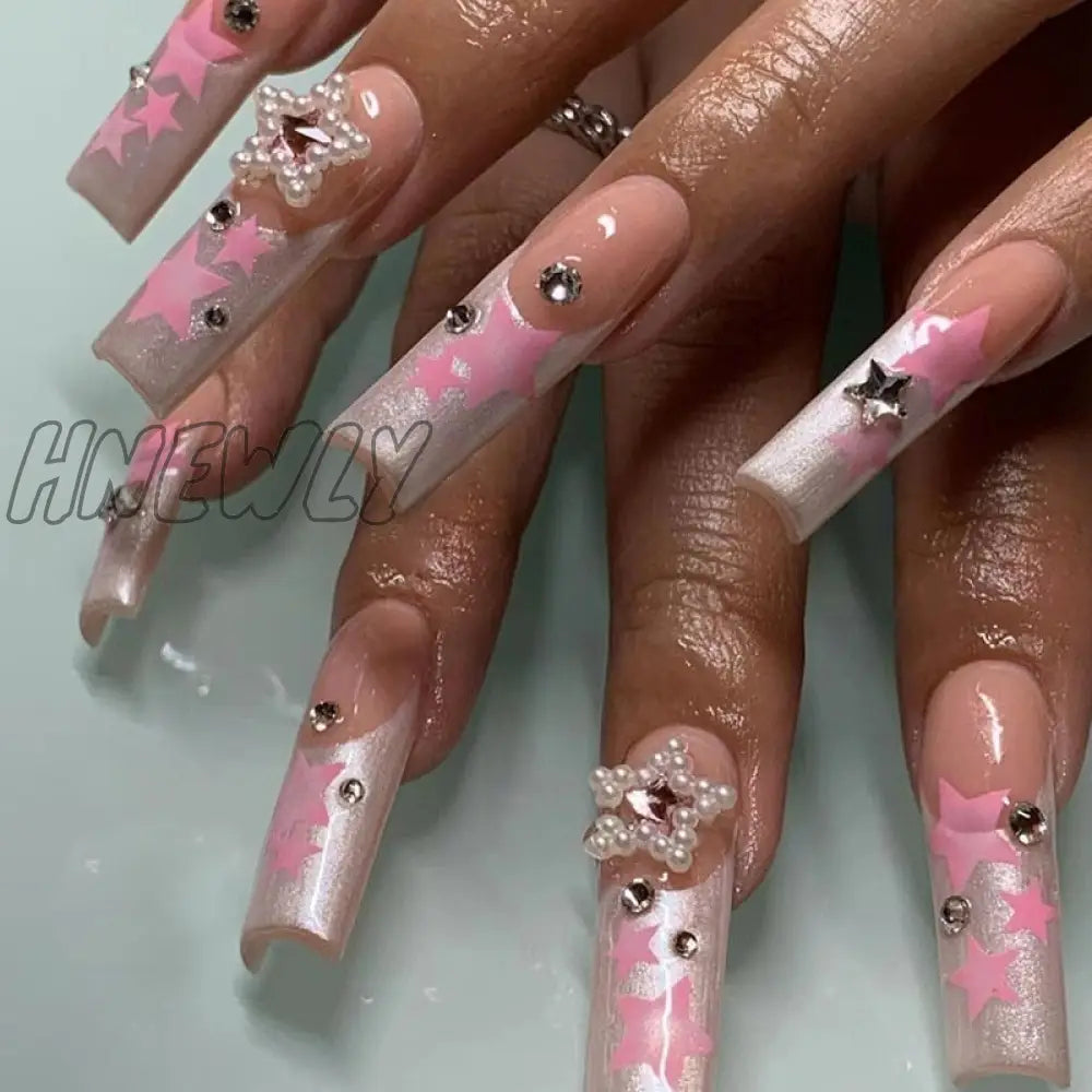 24Pcs French Long Ballet Nails Set Press On False With Pink Rhinestone Wearable Coffin Fake Full