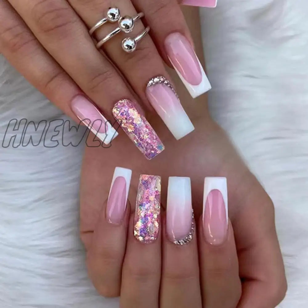 24Pcs French Long Ballet Nails Set Press On False With Pink Rhinestone Wearable Coffin Fake Full