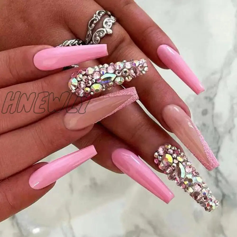 24Pcs French Long Ballet Nails Set Press On False With Pink Rhinestone Wearable Coffin Fake Full