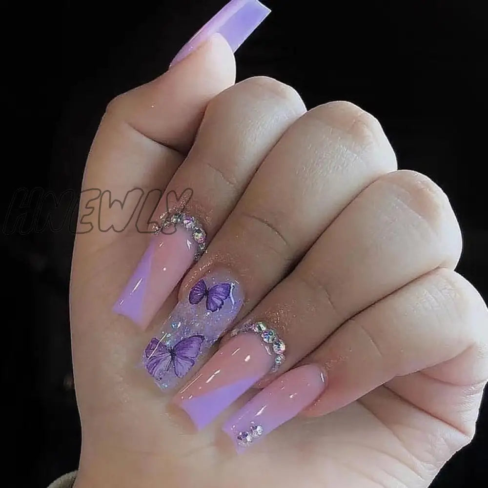 24Pcs French Long Ballet Nails Set Press On False With Pink Rhinestone Wearable Coffin Fake Full