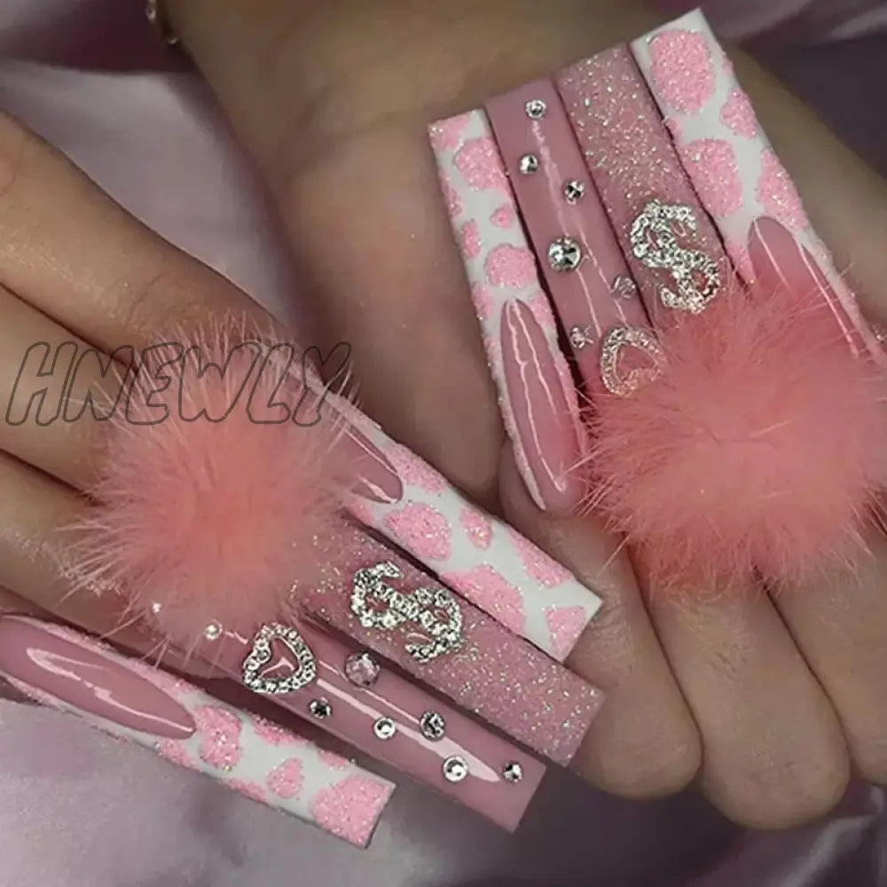 24Pcs French Long Ballet Nails Set Press On False With Pink Rhinestone Wearable Coffin Fake Full