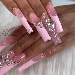 24Pcs French Long Ballet Nails Set Press On False With Pink Rhinestone Wearable Coffin Fake Full