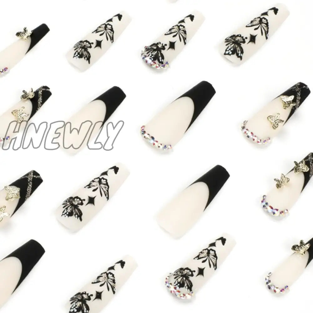 24Pcs Full Cover False Nails Black French Butterfly Design Press On With Rhinestones Ballet Fake