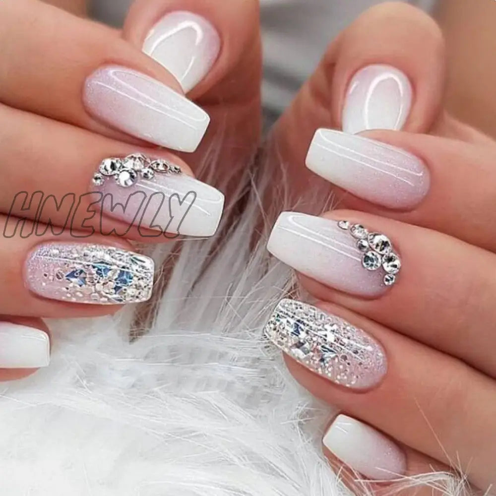 24Pcs Glitter Pink Gradient False Nails Wearable French Fake Nail With Rhinestone Designs Short