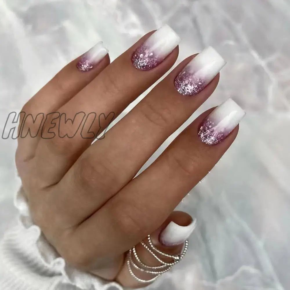 24Pcs Glitter Pink Gradient False Nails Wearable French Fake Nail With Rhinestone Designs Short