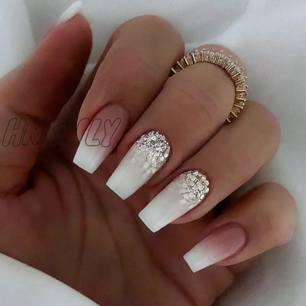 24Pcs Glitter Pink Gradient False Nails Wearable French Fake Nail With Rhinestone Designs Short