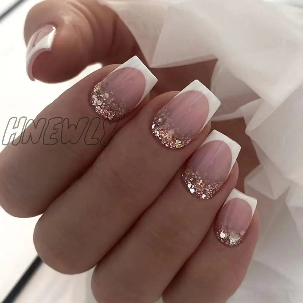 24Pcs Glitter Pink Gradient False Nails Wearable French Fake Nail With Rhinestone Designs Short