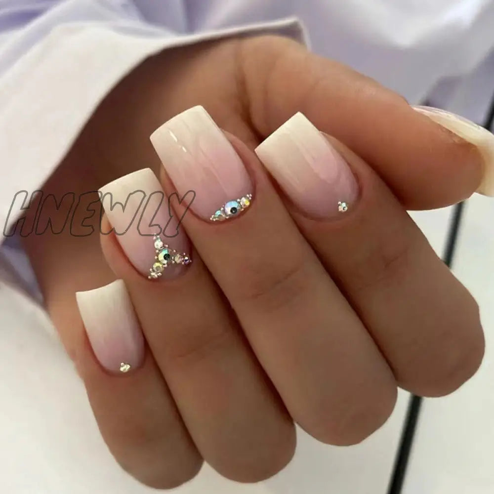 24Pcs Glitter Pink Gradient False Nails Wearable French Fake Nail With Rhinestone Designs Short