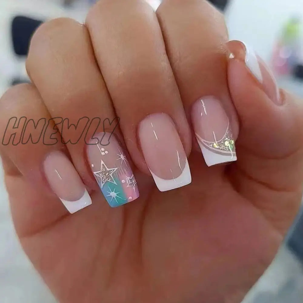 24Pcs Glitter Pink Gradient False Nails Wearable French Fake Nail With Rhinestone Designs Short