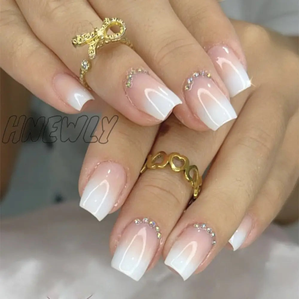 24Pcs Glitter Pink Gradient False Nails Wearable French Fake Nail With Rhinestone Designs Short