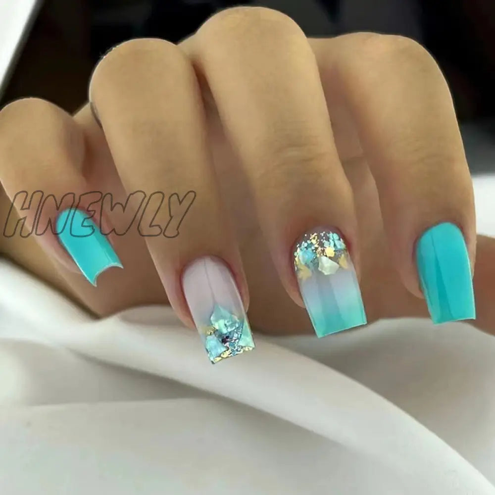 24Pcs Glitter Short Square Head False Nail With French Edge Full Cover Fake Nails Tips Wearable