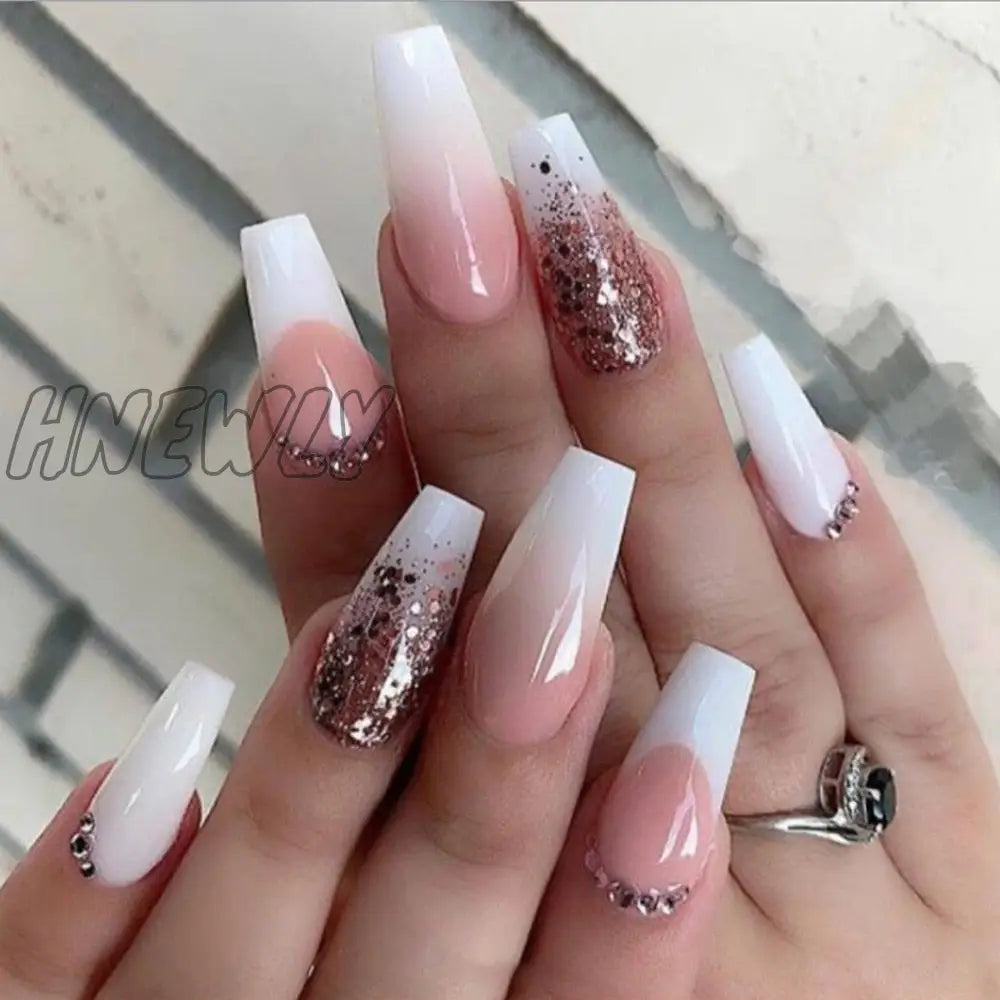 24Pcs Long Ballerina French False Nails Snake Rhinestones Design Fake Wearable Coffin Press On Full