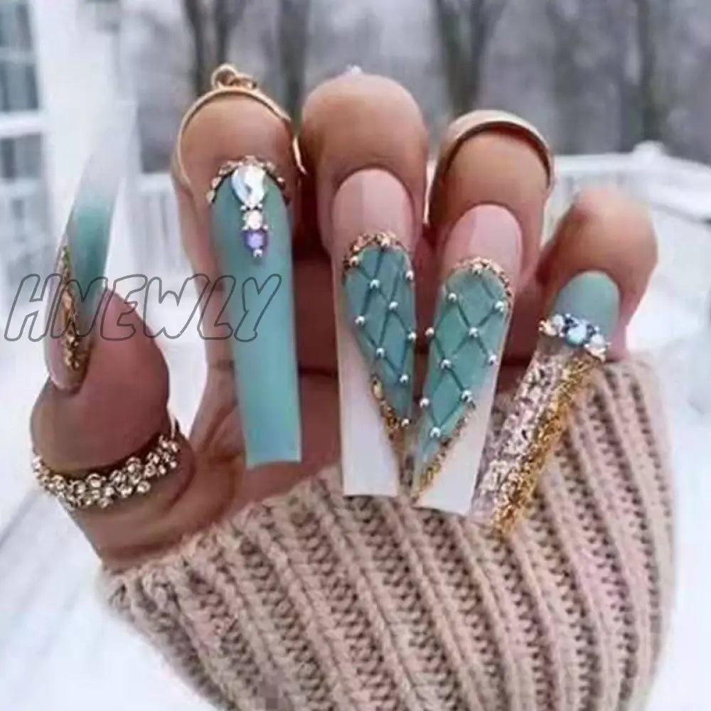 24Pcs Long Ballerina French False Nails Snake Rhinestones Design Fake Wearable Coffin Press On Full