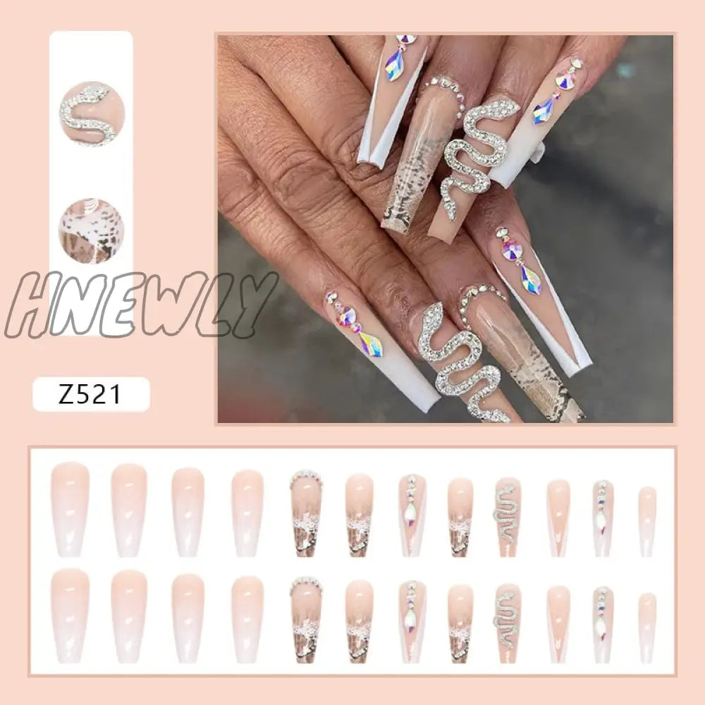 24Pcs Long Ballerina French False Nails Snake Rhinestones Design Fake Wearable Coffin Press On Full