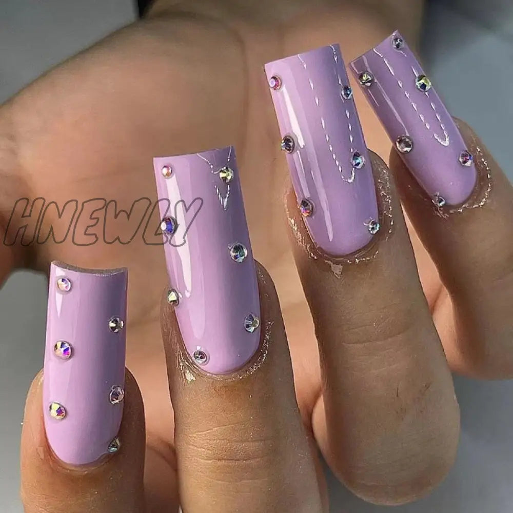 24Pcs Long Ballerina French False Nails Snake Rhinestones Design Fake Wearable Coffin Press On Full