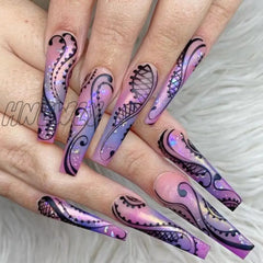 24Pcs Long Ballerina Nails Set Press On Wearable Artifical False With Glue Roses Pattern Designs