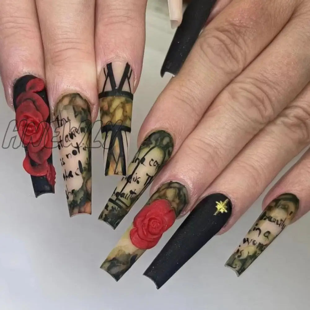 24Pcs Long Ballerina Nails Set Press On Wearable Artifical False With Glue Roses Pattern Designs