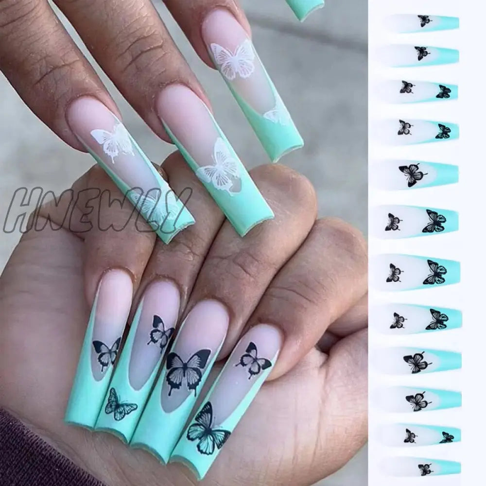 24Pcs Long Ballerina Press On Nail Detachable French False Nails Five-Pointed Star Design Coffin