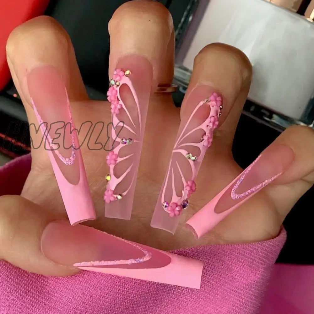 24Pcs Long Ballerina Press On Nail Detachable French False Nails Five-Pointed Star Design Coffin