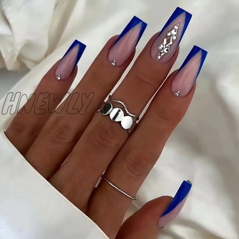 24Pcs Long Ballerina Press On Nail Detachable French False Nails Five-Pointed Star Design Coffin