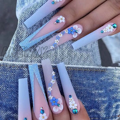 24Pcs Long Ballerina Press On Nail Detachable French False Nails Five-Pointed Star Design Coffin