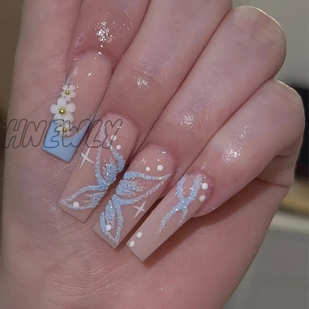 24Pcs Long Ballerina Press On Nail Detachable French False Nails Five-Pointed Star Design Coffin