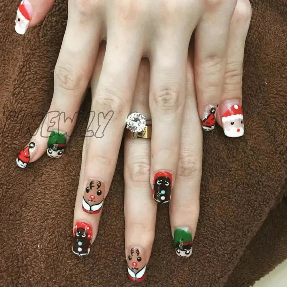 24Pcs Long Ballet Christmas False Nails Wearable Xmas Style Fake Elk Santa Claus Design Full Cover